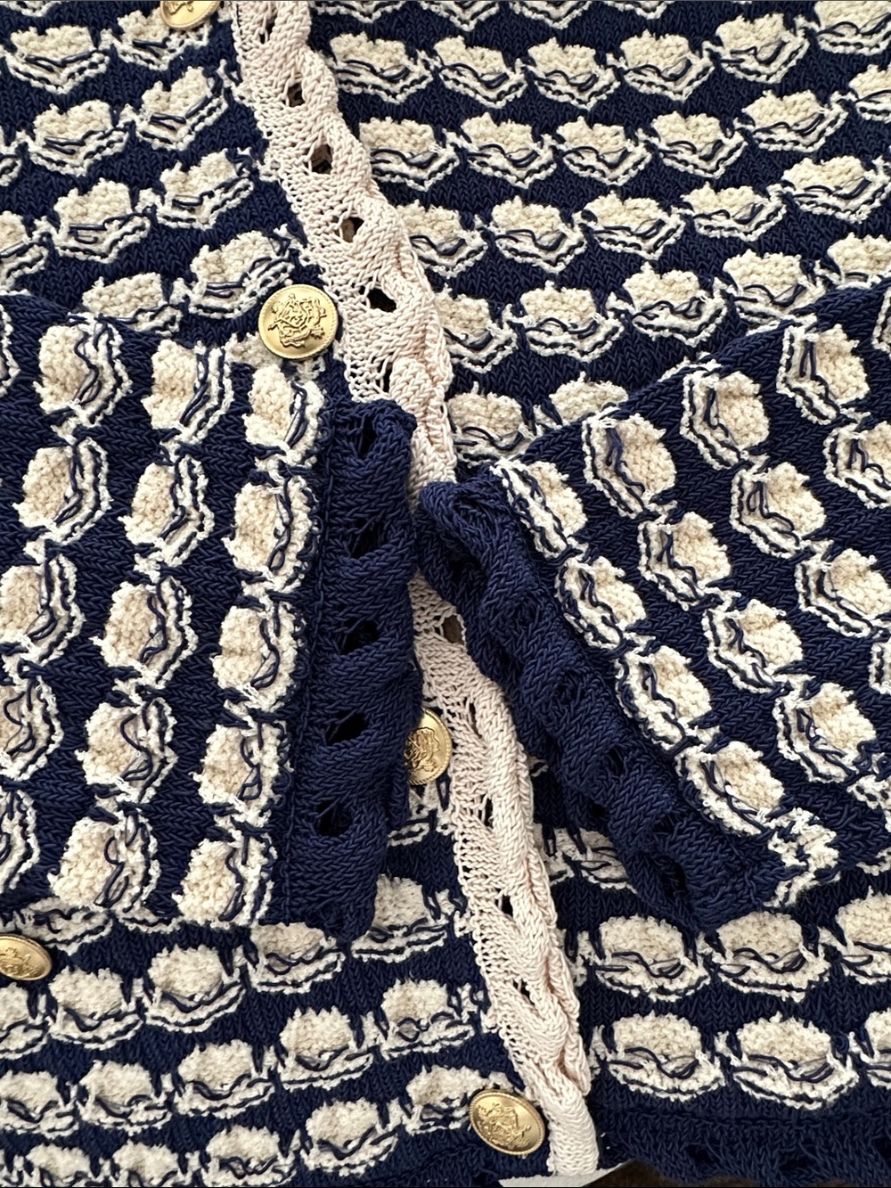 J. CREW Lady Jacket Cardigan Textured Crochet Navy Cream Coastal Sweater L - Picture 11 of 12